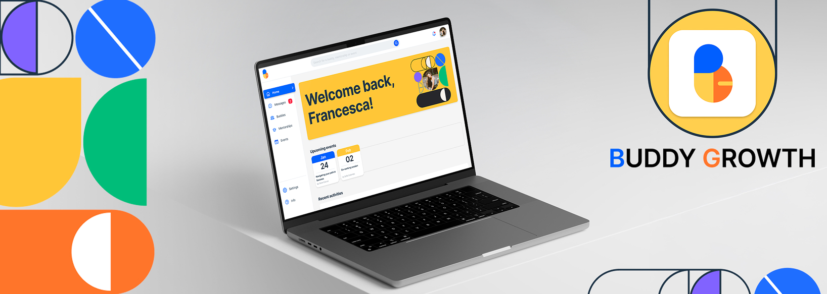 Il marchio BuddyGrowth e la dashboard dell'applicazione su un portatile