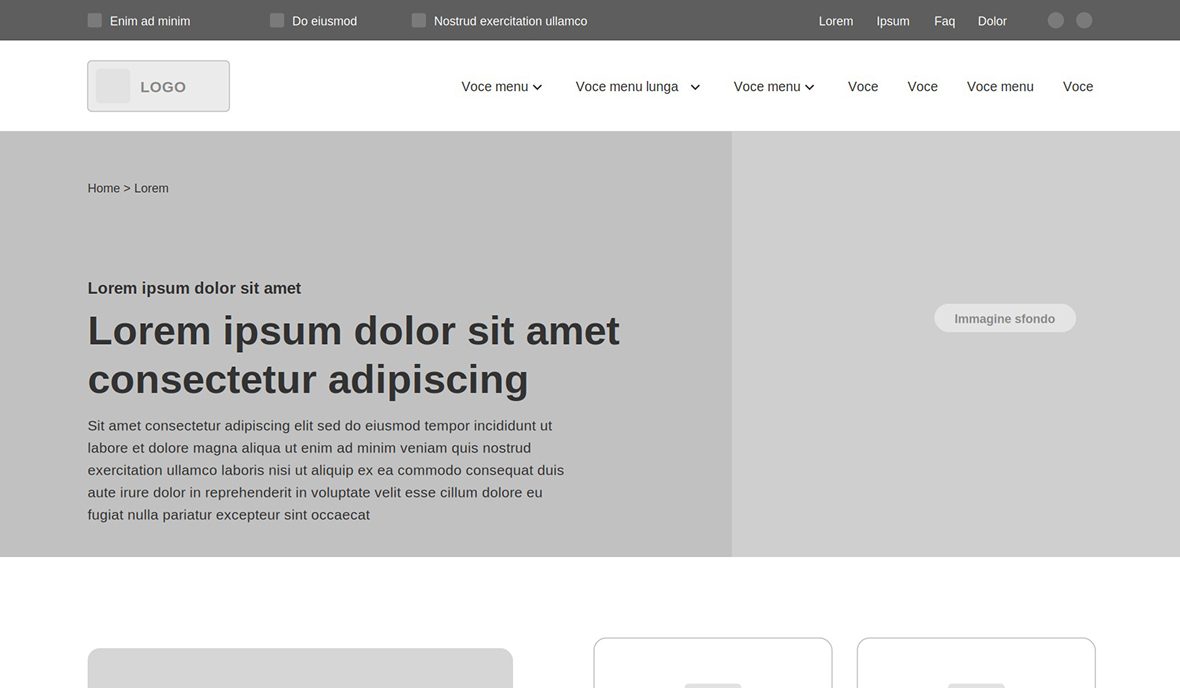 Wireframe dell'header con menu principale e barra in alto