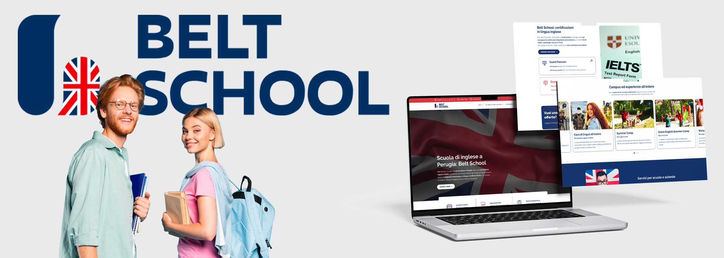 Il sito di Belt School su un portatile, accanto al logo e a due studenti