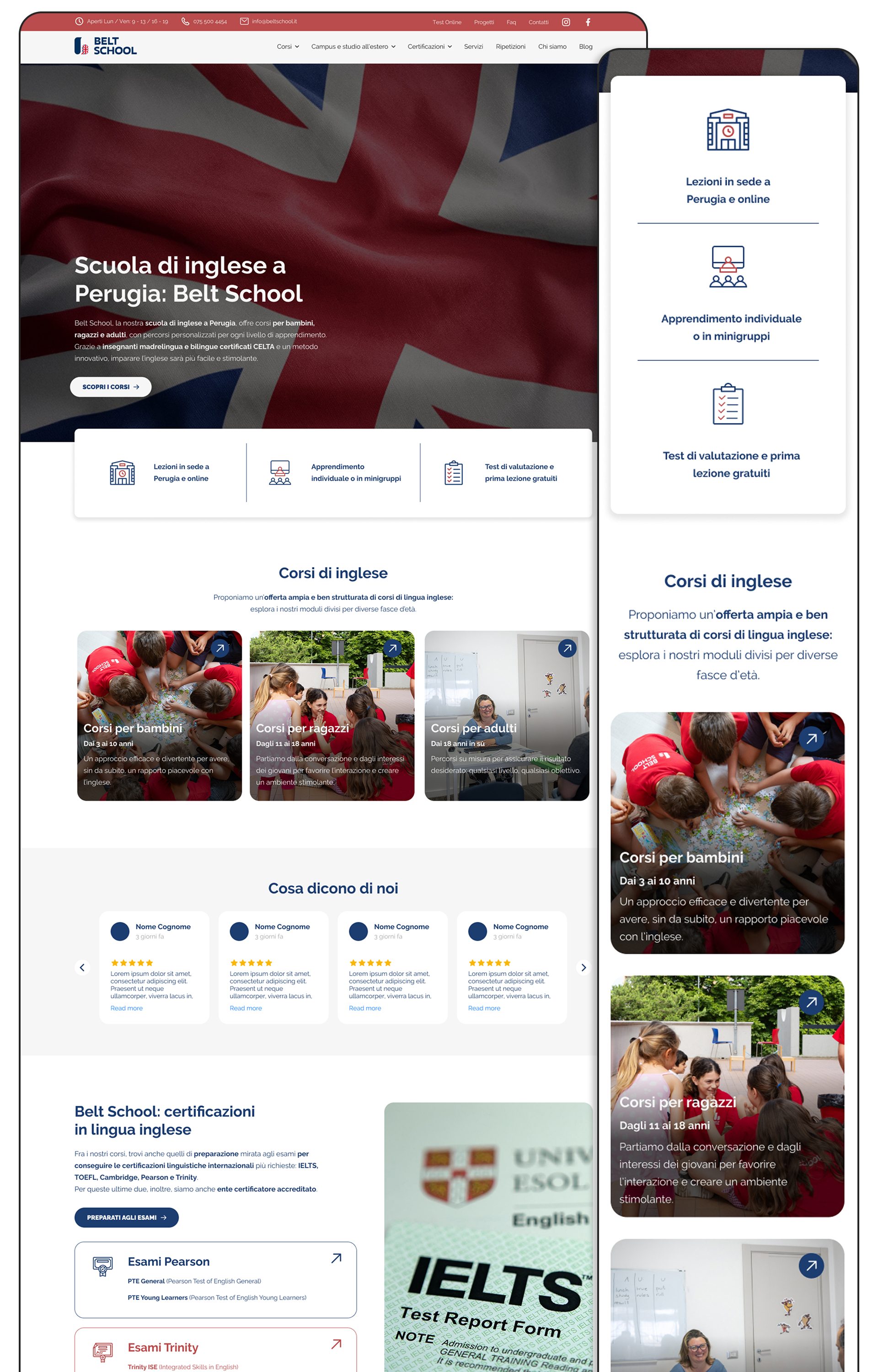 Home page di Belt School, desktop e mobile