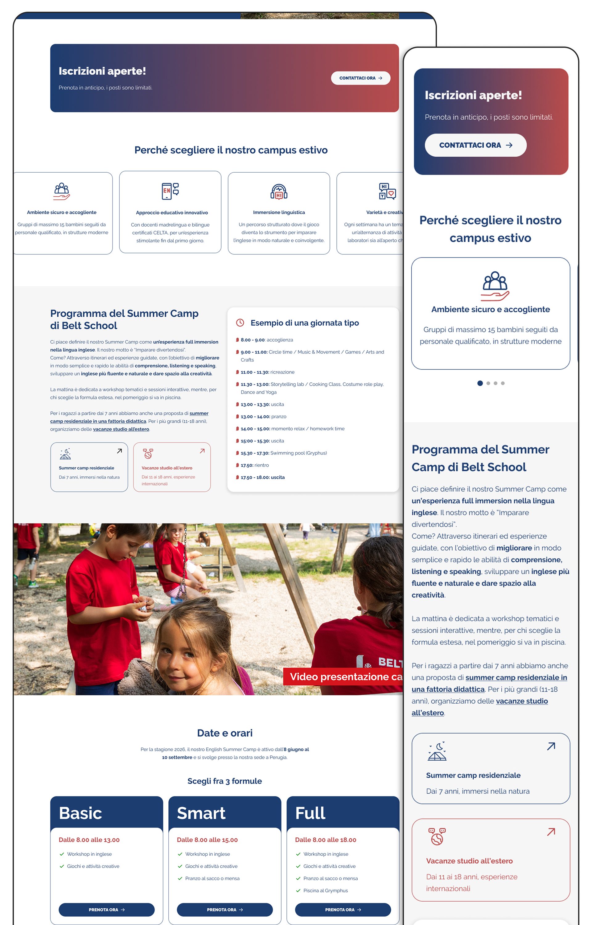 Pagina del Summer Camp, desktop e mobile
