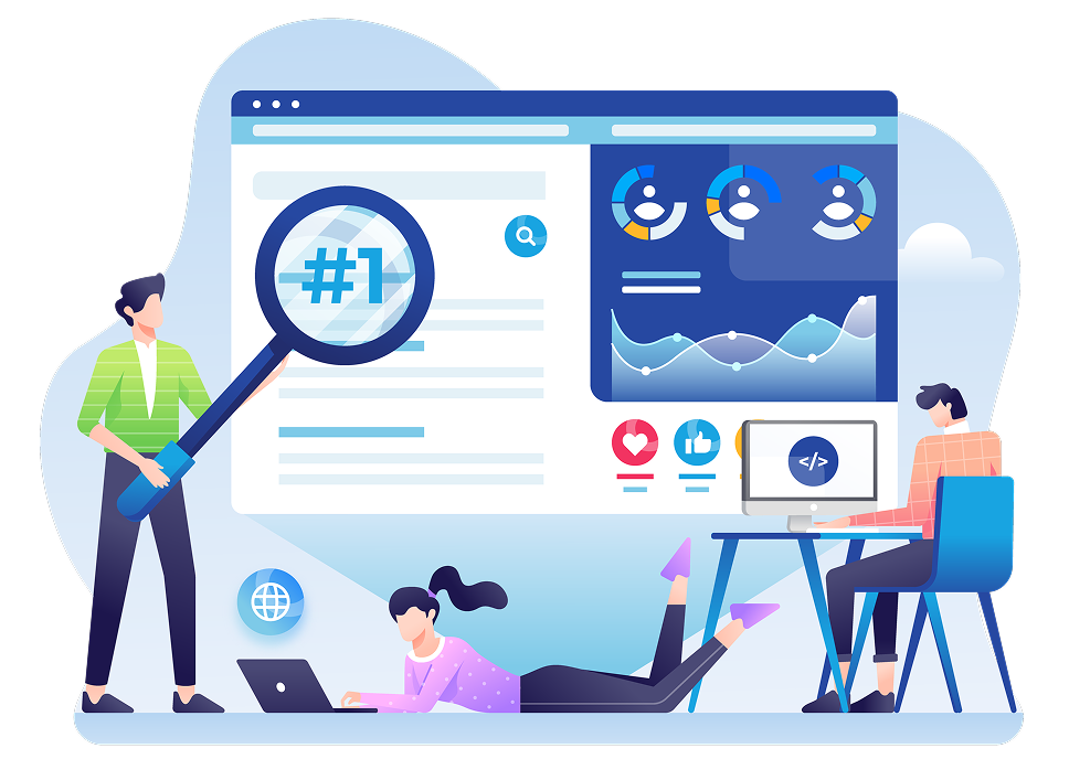 Illustrazione: persone al lavoro sul posizionamento di un sito