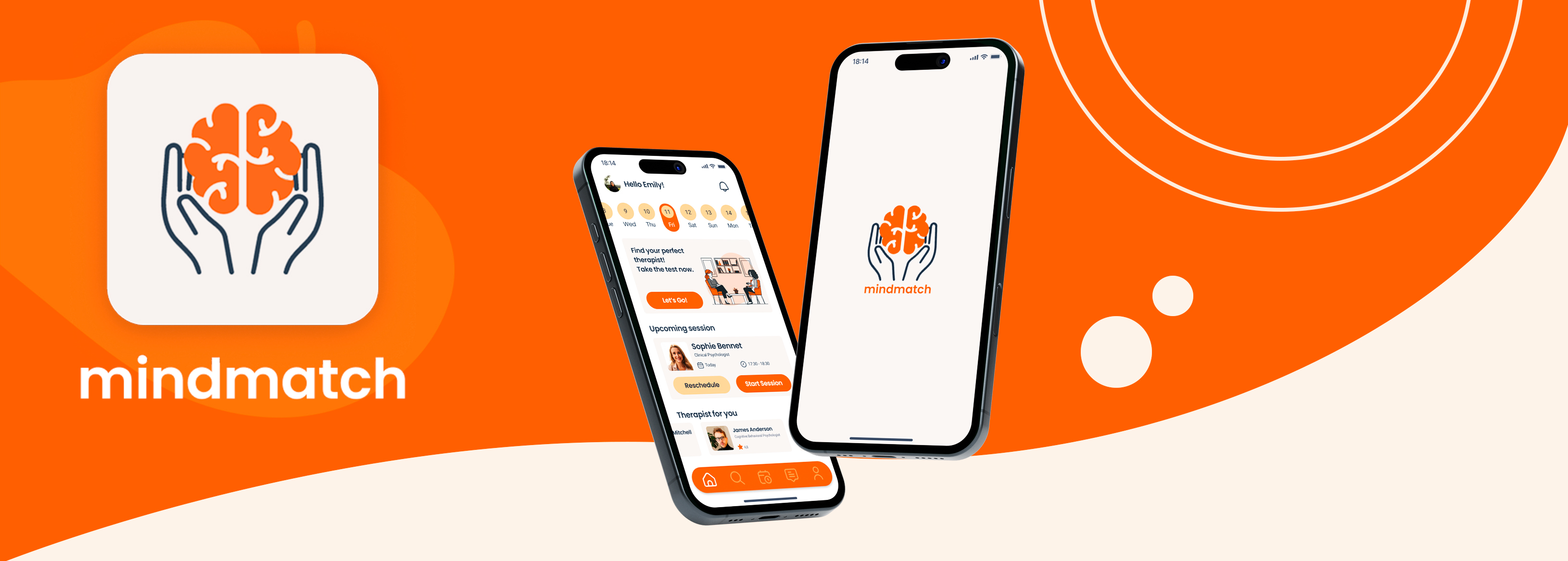 Il marchio MindMatch e due schermate dell'app su telefono