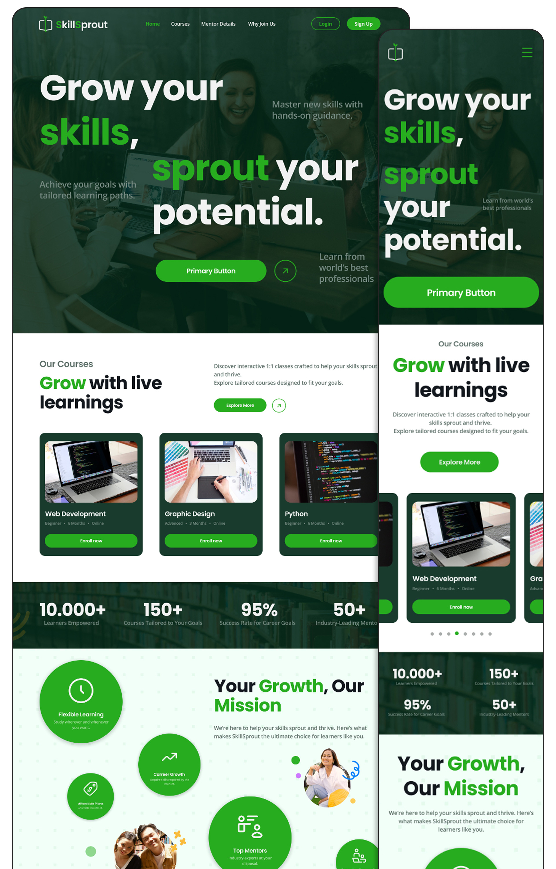 Prima parte della landing page SkillSprout, desktop e mobile
