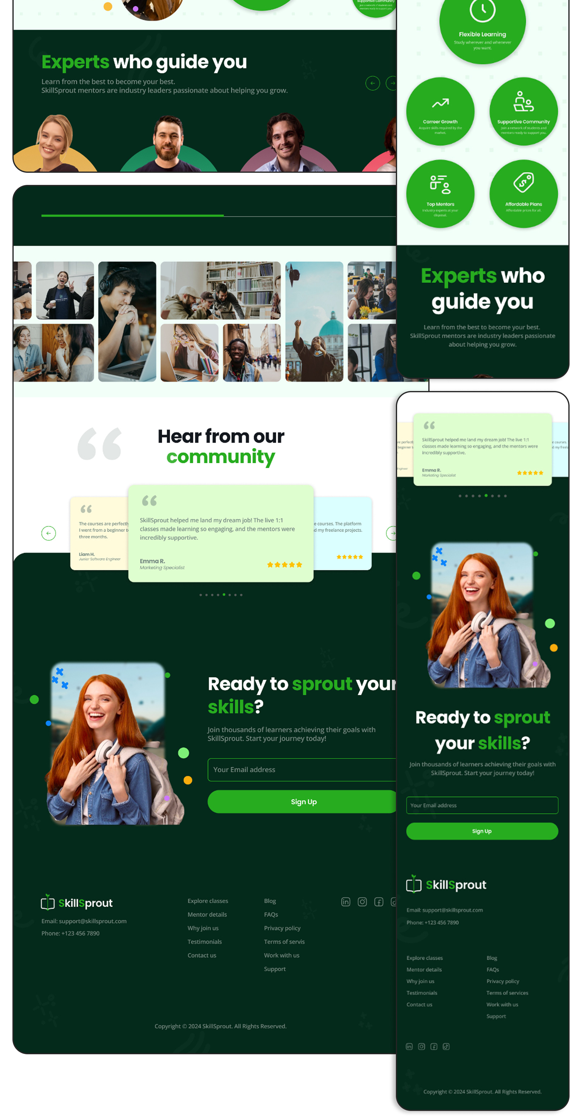 Seconda parte della landing page SkillSprout, desktop e mobile